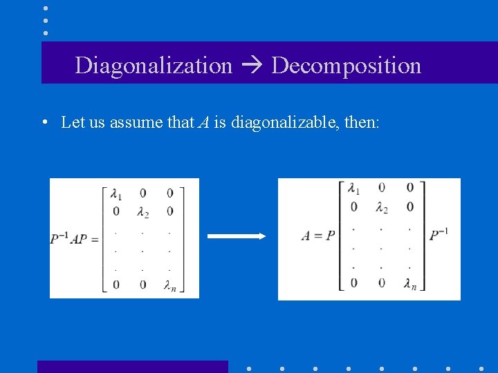 Diagonalization Decomposition • Let us assume that A is diagonalizable, then: 
