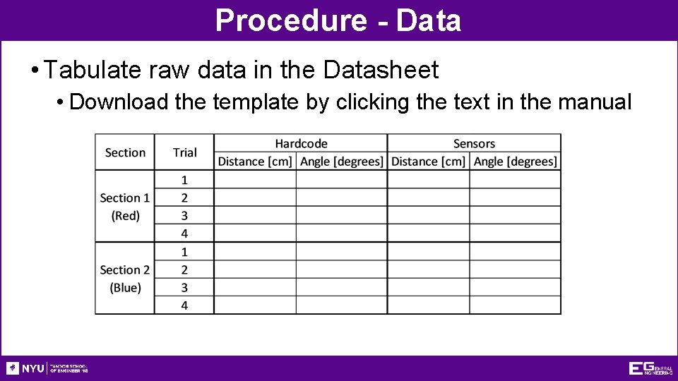 Procedure - Data • Tabulate raw data in the Datasheet • Download the template