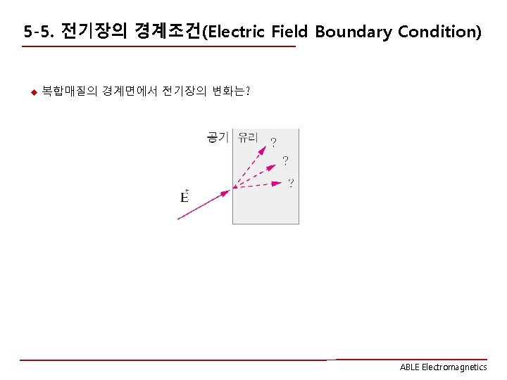 5 -5. 전기장의 경계조건(Electric Field Boundary Condition) u 복합매질의 경계면에서 전기장의 변화는? ABLE Electromagnetics