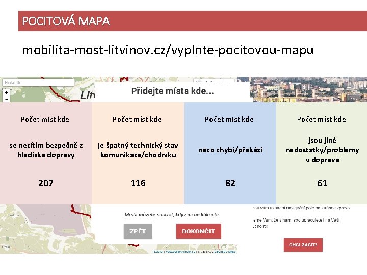 POCITOVÁ MAPA mobilita-most-litvinov. cz/vyplnte-pocitovou-mapu Počet míst kde se necítím bezpečně z hlediska dopravy je