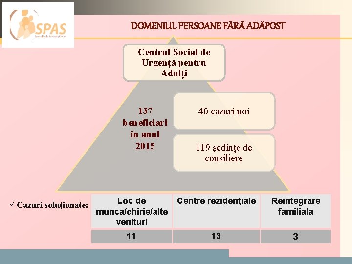 LOGO DOMENIUL PERSOANE FĂRĂ ADĂPOST Centrul Social de Urgență pentru Adulți 137 beneficiari în