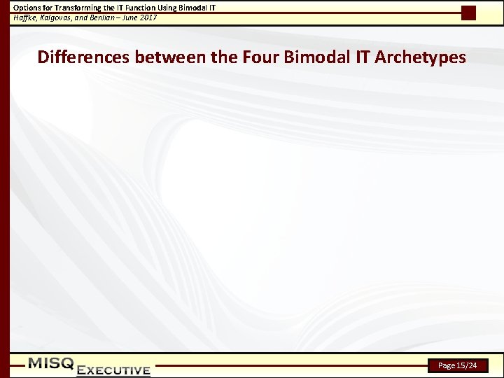 Options for Transforming the IT Function Using Bimodal IT Haffke, Kalgovas, and Benlian –