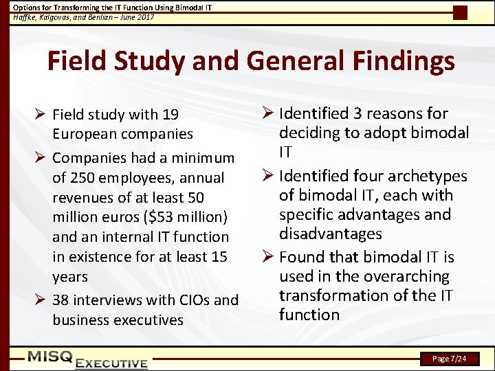 Options for Transforming the IT Function Using Bimodal IT Haffke, Kalgovas, and Benlian –