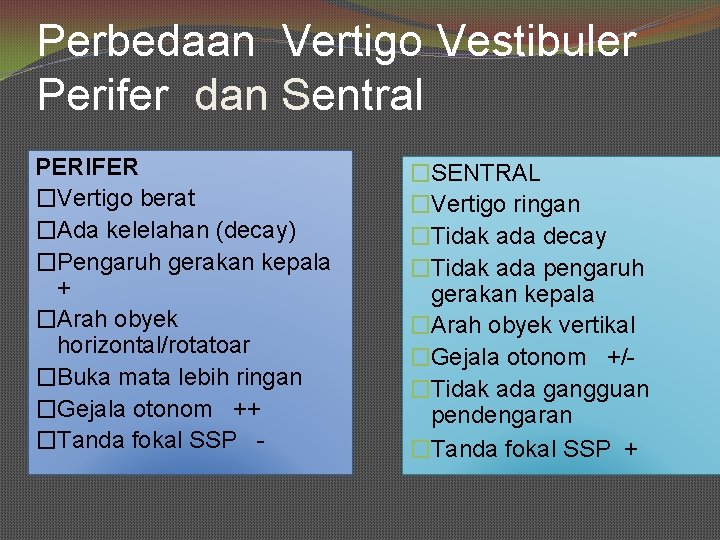 Perbedaan Vertigo Vestibuler Perifer dan Sentral PERIFER �Vertigo berat �Ada kelelahan (decay) �Pengaruh gerakan