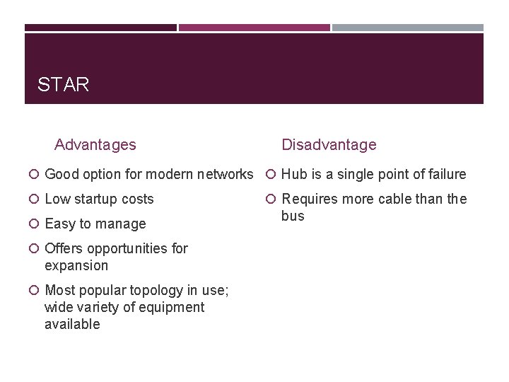 STAR Advantages Disadvantage Good option for modern networks Hub is a single point of