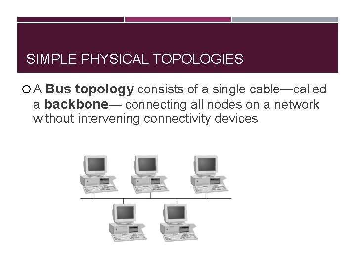 SIMPLE PHYSICAL TOPOLOGIES A Bus topology consists of a single cable—called a backbone— connecting