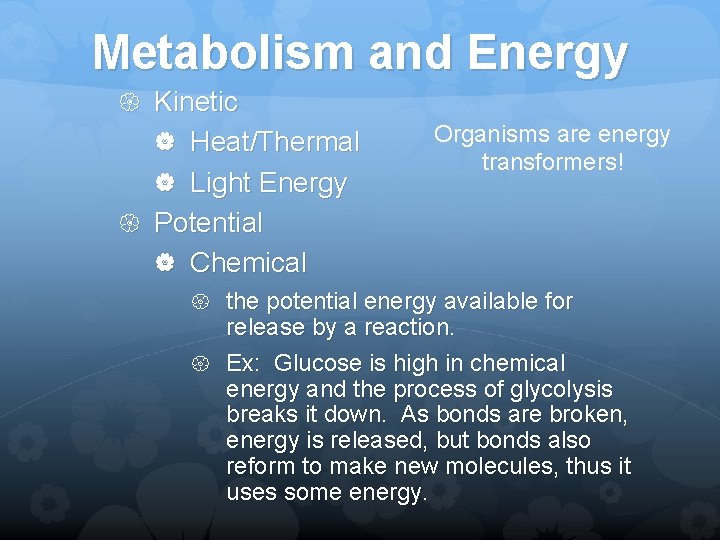 Metabolism and Energy Kinetic Heat/Thermal Light Energy Organisms are energy transformers! Potential Chemical the