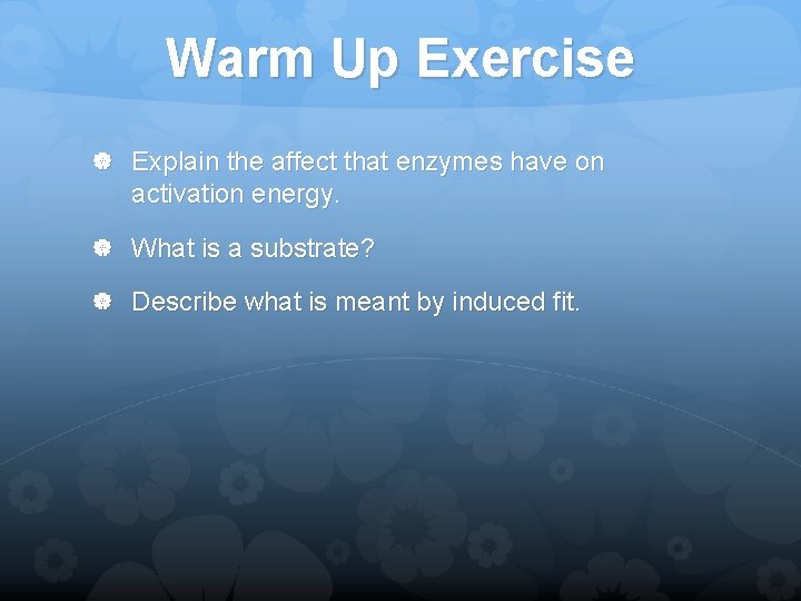 Warm Up Exercise Explain the affect that enzymes have on activation energy. What is