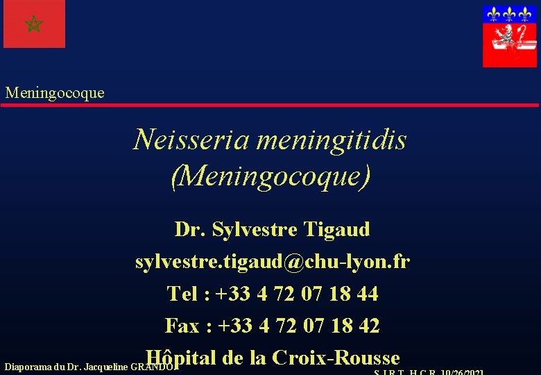Meningocoque Neisseria meningitidis (Meningocoque) Dr. Sylvestre Tigaud sylvestre. tigaud@chu-lyon. fr Tel : +33 4