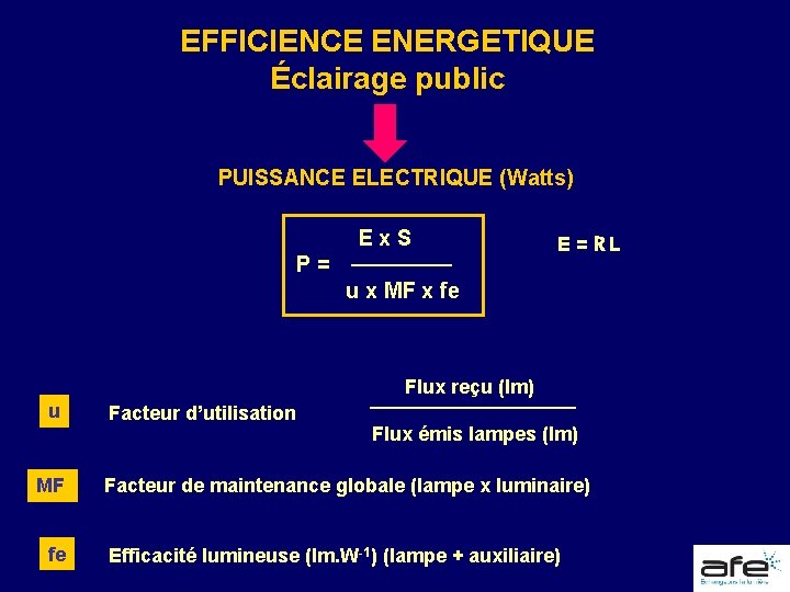 EFFICIENCE ENERGETIQUE Éclairage public PUISSANCE ELECTRIQUE (Watts) Ex. S P= E=RL u x MF