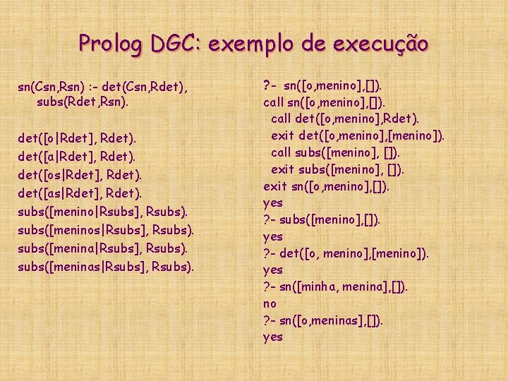 Prolog DGC: exemplo de execução sn(Csn, Rsn) : - det(Csn, Rdet), subs(Rdet, Rsn). det([o|Rdet],