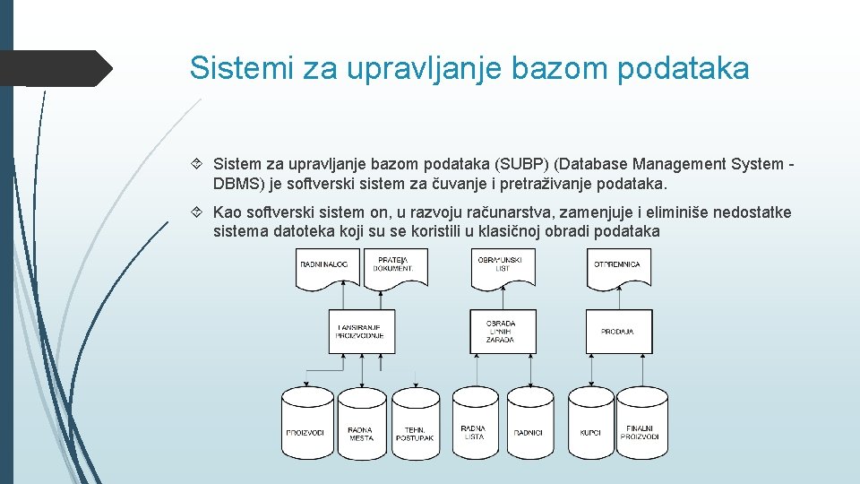 Sistemi za upravljanje bazom podataka Sistem za upravljanje bazom podataka (SUBP) (Database Management System