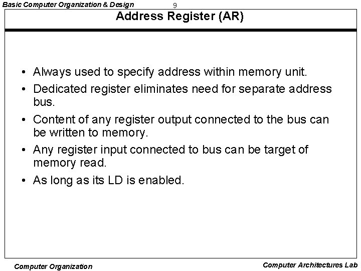 Basic Computer Organization & Design 9 Address Register (AR) • Always used to specify