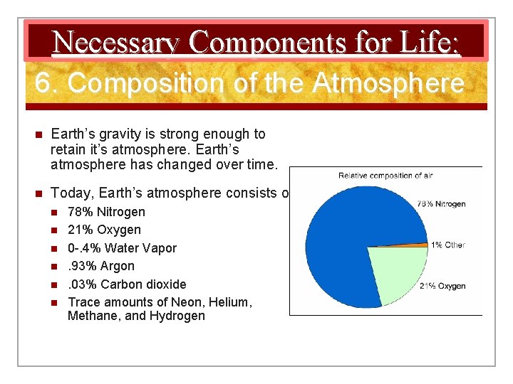 Necessary Components for Life: 6. Composition of the Atmosphere n Earth’s gravity is strong