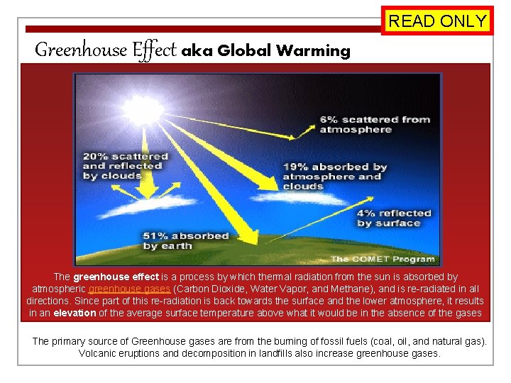 READ ONLY Greenhouse Effect aka Global Warming The greenhouse effect is a process by