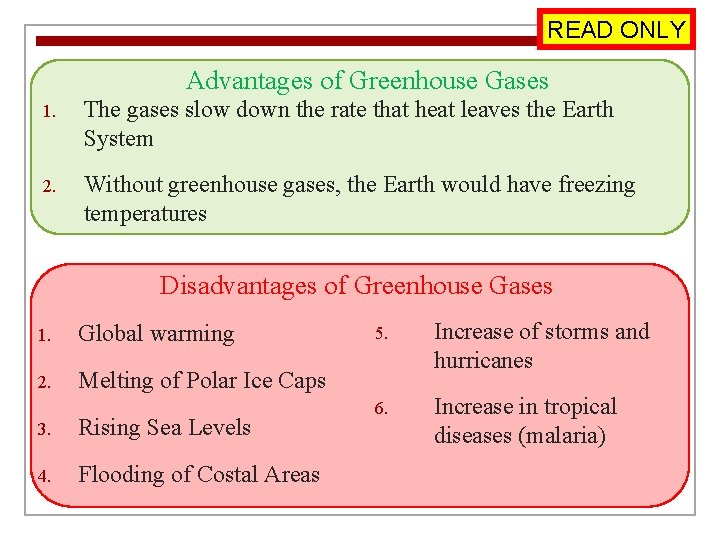 READ ONLY Advantages of Greenhouse Gases 1. The gases slow down the rate that