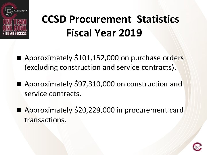 CCSD Procurement Statistics Fiscal Year 2019 n Approximately $101, 152, 000 on purchase orders