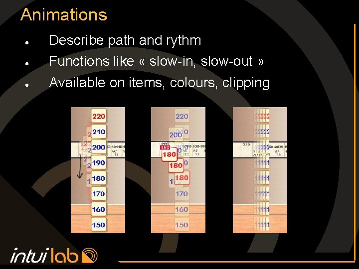 Animations l Describe path and rythm l Functions like « slow-in, slow-out » l