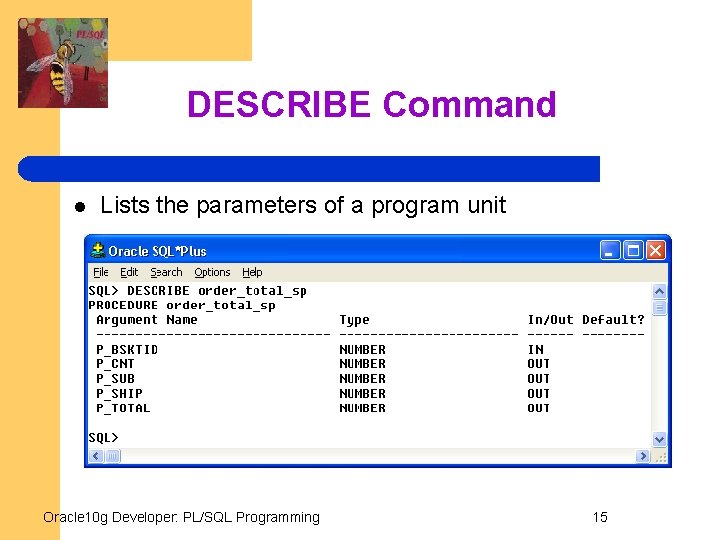 DESCRIBE Command l Lists the parameters of a program unit Oracle 10 g Developer: