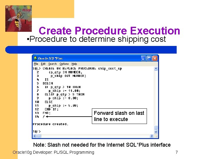 Create Procedure Execution • Procedure to determine shipping cost Forward slash on last line