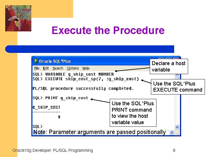 Execute the Procedure Declare a host variable Use the SQL*Plus EXECUTE command Use the