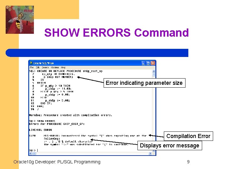 SHOW ERRORS Command Error indicating parameter size Compilation Error Displays error message Oracle 10
