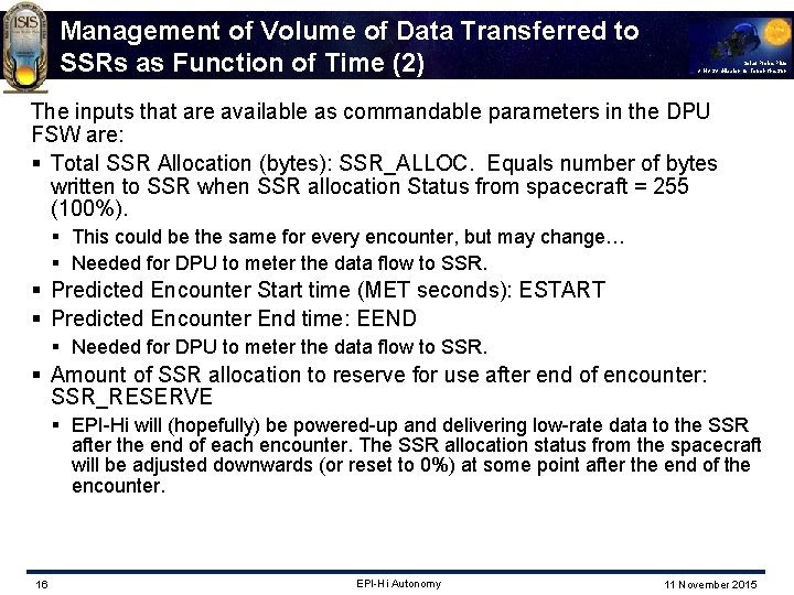 Management of Volume of Data Transferred to SSRs as Function of Time (2) Solar