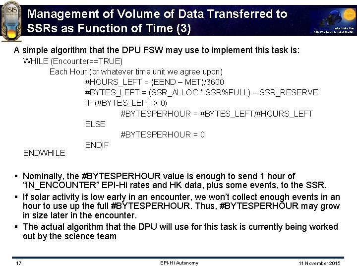 Management of Volume of Data Transferred to SSRs as Function of Time (3) Solar