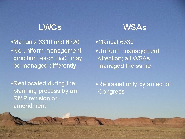 LWCs WSAs • Manuals 6310 and 6320 • No uniform management direction; each LWC