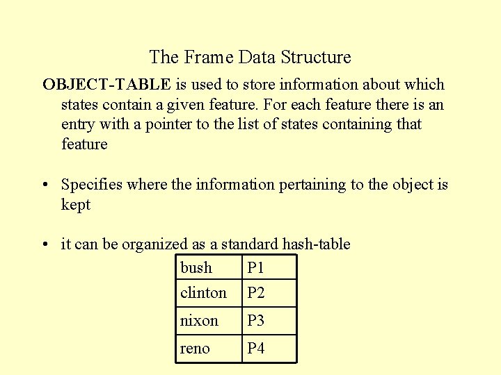 The Frame Data Structure OBJECT-TABLE is used to store information about which states contain