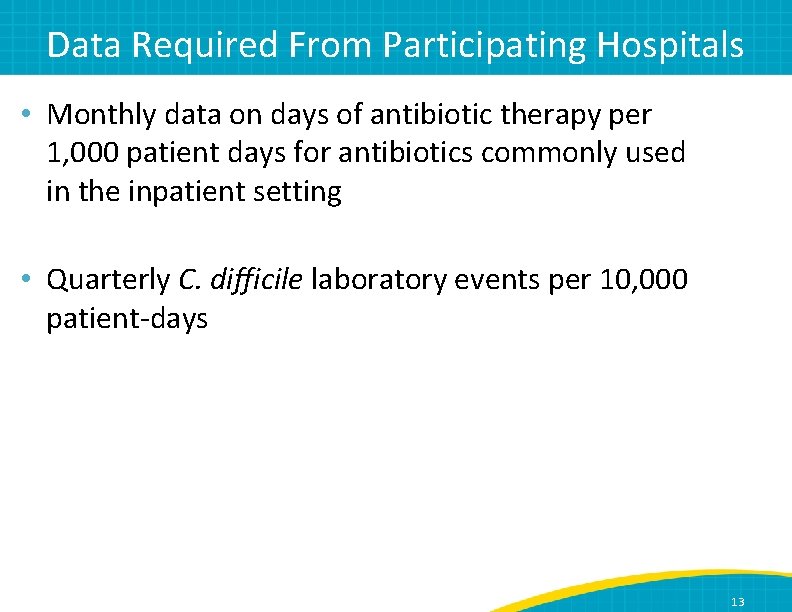Data Required From Participating Hospitals • Monthly data on days of antibiotic therapy per