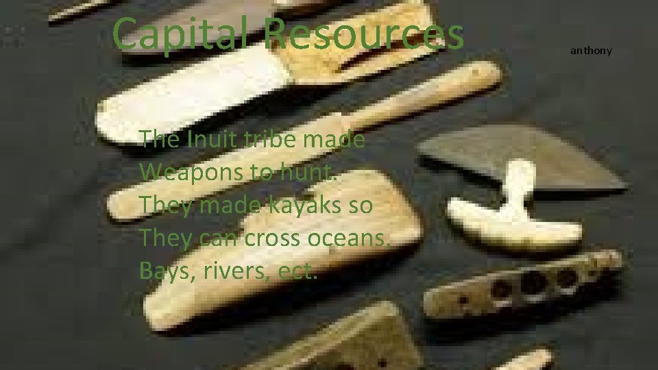 Capital Resources The Inuit tribe made Weapons to hunt. They made kayaks so They