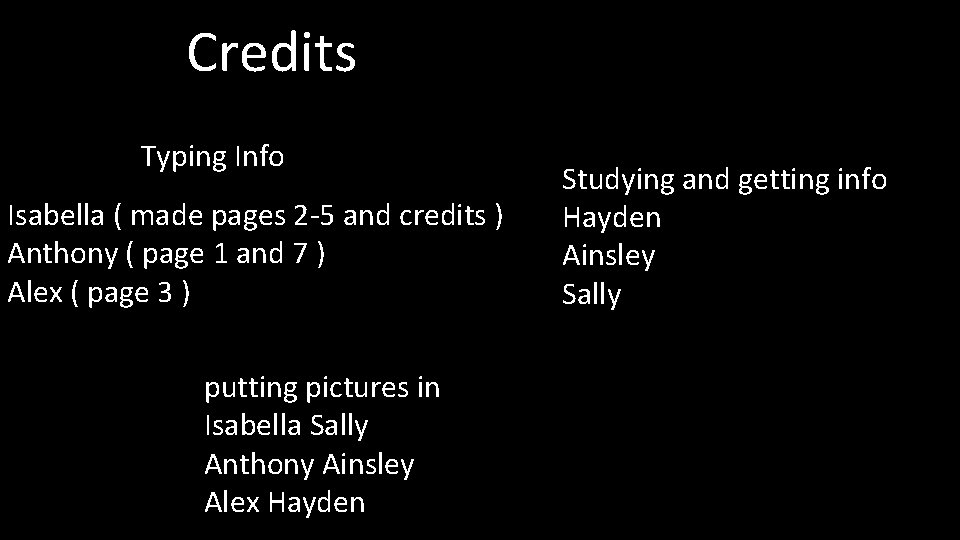 Credits Typing Info Isabella ( made pages 2 -5 and credits ) Anthony (