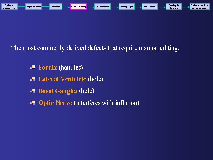 Volume preprocessing Segmentation Inflation Manual Editing Re-inflation Fix topology Final Surface Cutting & Flattening