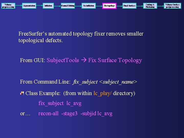 Volume preprocessing Segmentation Inflation Manual Editing Re-inflation Fix topology Final Surface Free. Surfer’s automated
