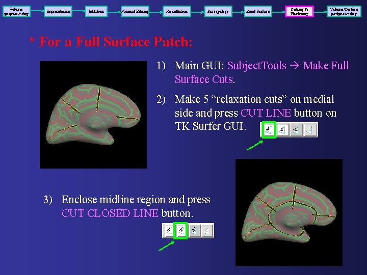 Volume preprocessing Segmentation Inflation Manual Editing Re-inflation Fix topology Final Surface Cutting & Flattening