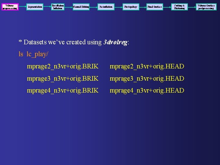 Volume preprocessing Segmentation Tessellation Inflation Manual Editing Re-inflation Fix topology Final Surface Cutting &