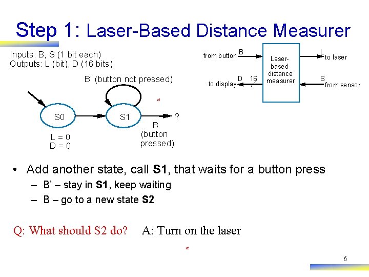 Step 1: Laser-Based Distance Measurer from button B Inputs: B, S (1 bit each)