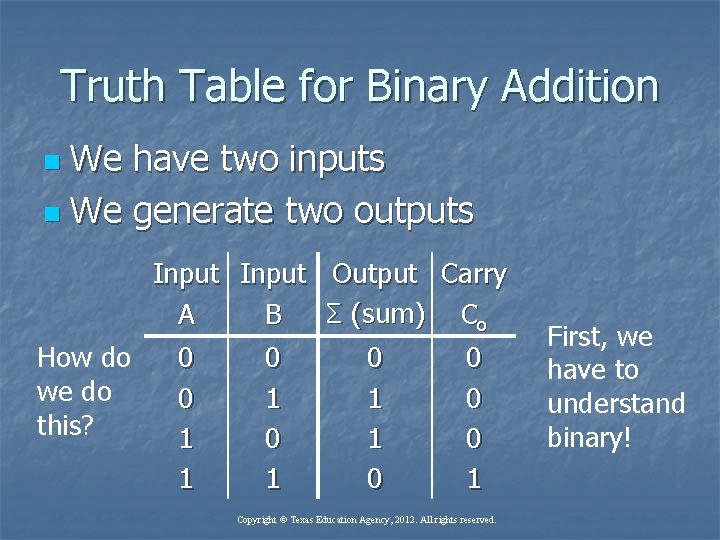 Truth Table for Binary Addition We have two inputs n We generate two outputs