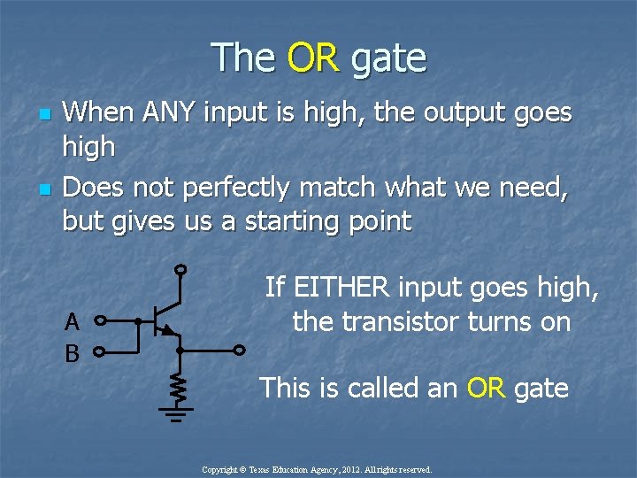 The OR gate n n When ANY input is high, the output goes high