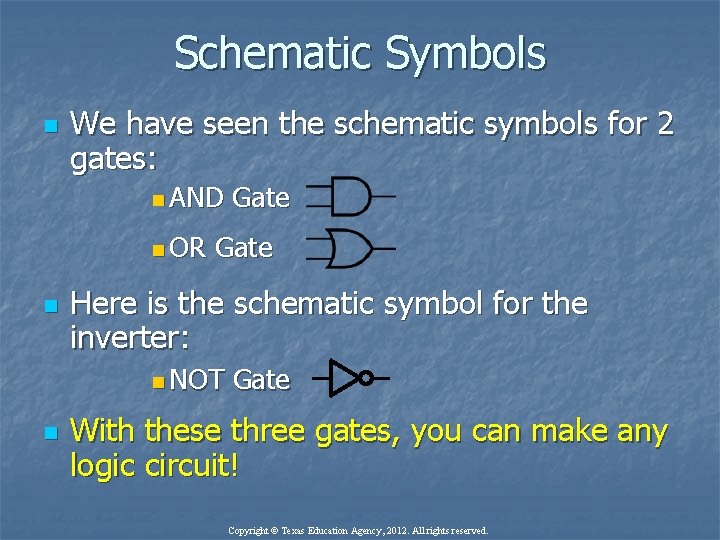 Schematic Symbols n We have seen the schematic symbols for 2 gates: n AND