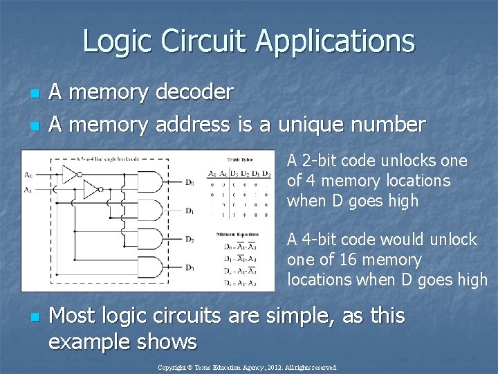 Logic Circuit Applications n n A memory decoder A memory address is a unique