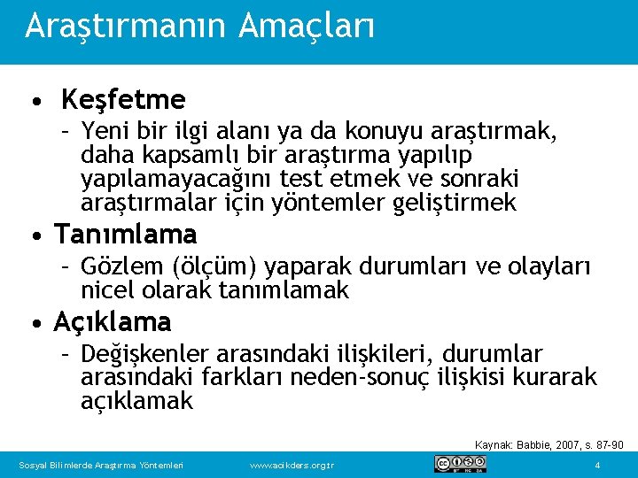 Araştırmanın Amaçları • Keşfetme – Yeni bir ilgi alanı ya da konuyu araştırmak, daha