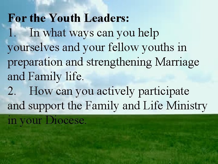 For the Youth Leaders: 1. In what ways can you help yourselves and your