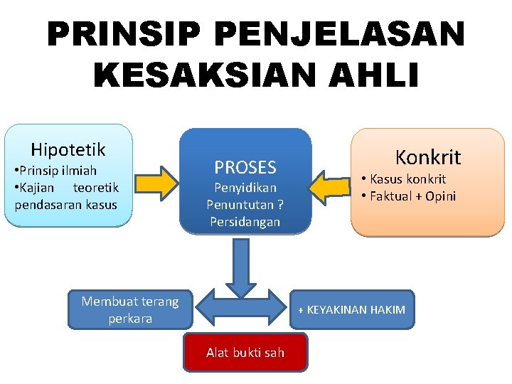 PRINSIP PENJELASAN KESAKSIAN AHLI Hipotetik • Prinsip ilmiah • Kajian teoretik pendasaran kasus PROSES