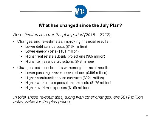 What has changed since the July Plan? Re-estimates are over the plan period (2018