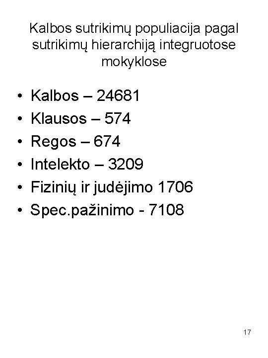 Kalbos sutrikimų populiacija pagal sutrikimų hierarchiją integruotose mokyklose • • • Kalbos – 24681