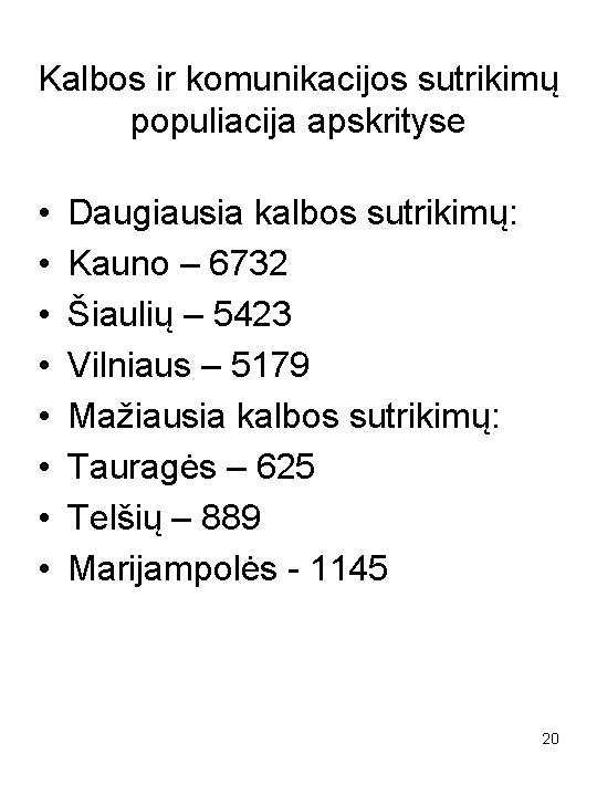 Kalbos ir komunikacijos sutrikimų populiacija apskrityse • • Daugiausia kalbos sutrikimų: Kauno – 6732