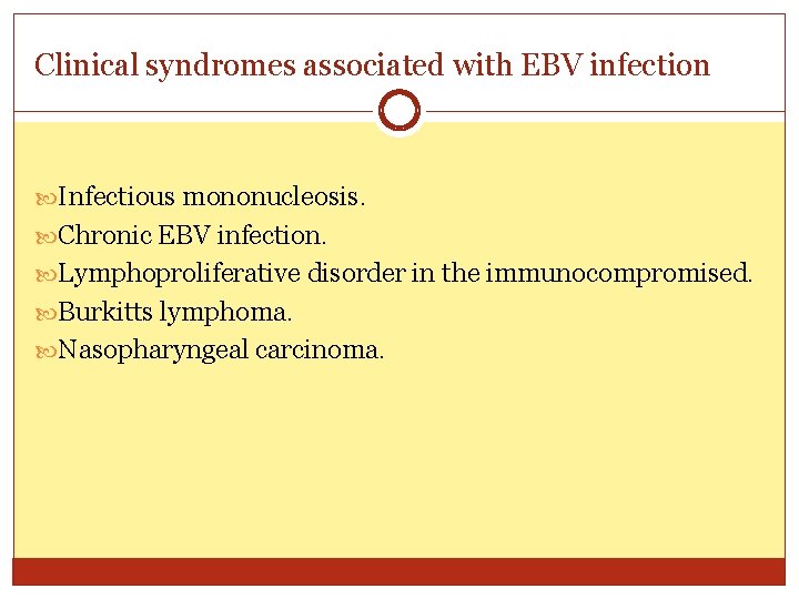 Clinical syndromes associated with EBV infection Infectious mononucleosis. Chronic EBV infection. Lymphoproliferative disorder in