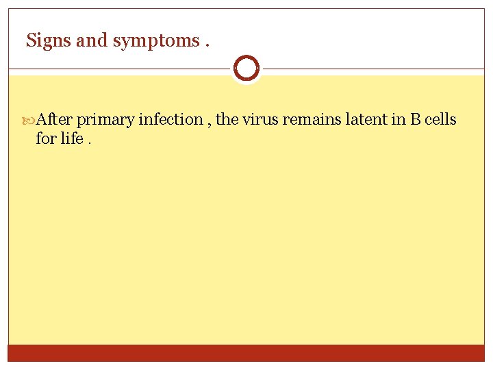 Signs and symptoms. After primary infection , the virus remains latent in B cells